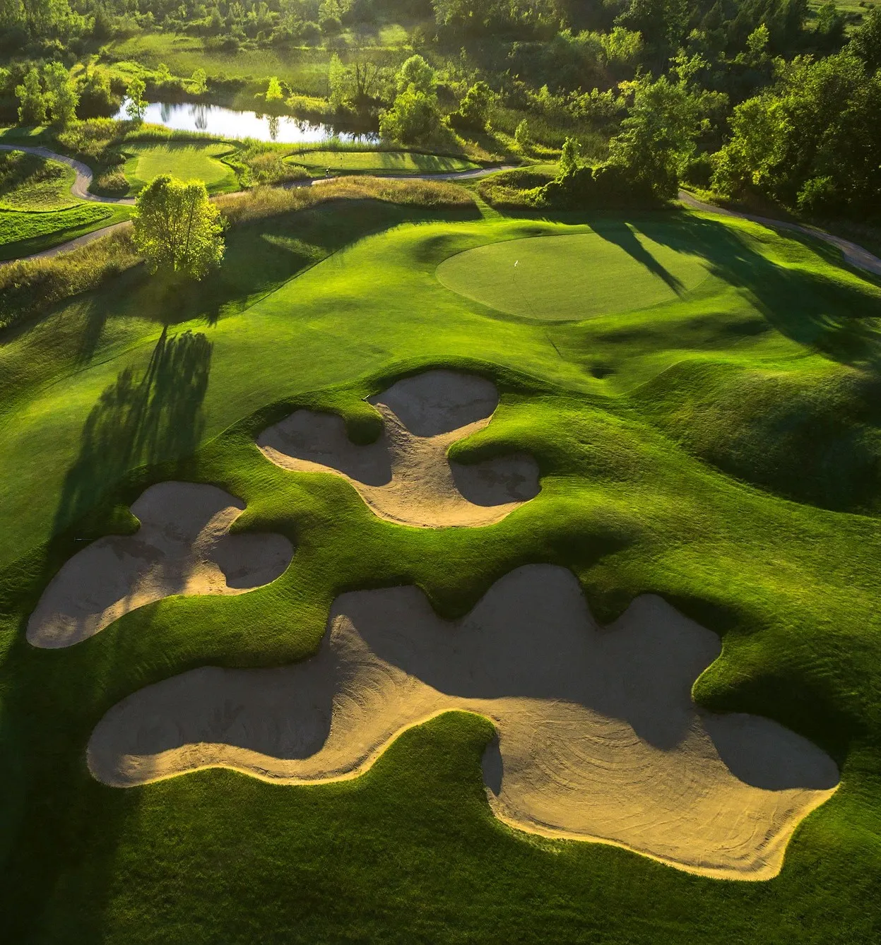 Aerial view of bunkering and greens at The Bog Golf Course
